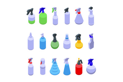 Spray bottle icons set isometric vector. Sprayer cleaning