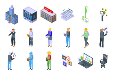 Seeking job icons set isometric vector. Covid employment