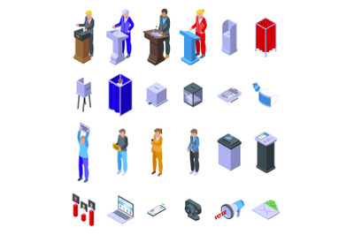 Polling booth icons set isometric vector. Ballot box