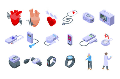 Palpitating icons set isometric vector. Abdomen aid