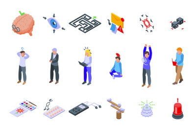 Concentration icons set isometric vector. Yoga meditate