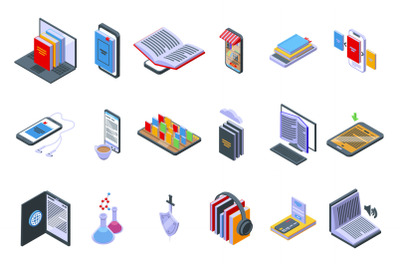 Online bookstore icons set isometric vector. Open book