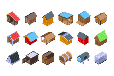 Dog kennel icons set isometric vector. Pet food