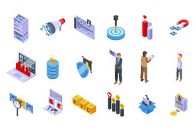 Know your client icons set isometric vector. Card cms