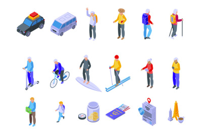 Retirement travel icons set isometric vector. Safety insurance