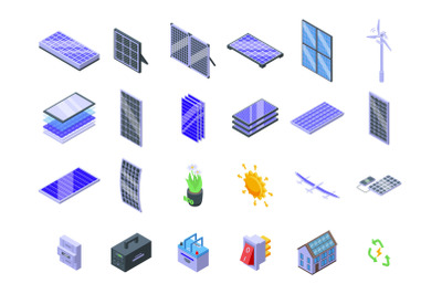 Solar panels icons set isometric vector. Solar inverter