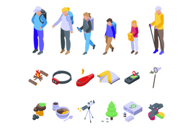 Camping trip with kids icons set isometric vector. Kids camp