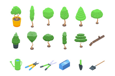 Tree trimming icons set isometric vector. Chainsaw tree