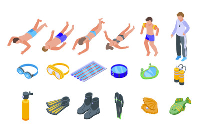 Diving school icons set isometric vector. Active beach