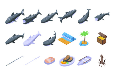 Whale shark icons set isometric vector. Fish animal