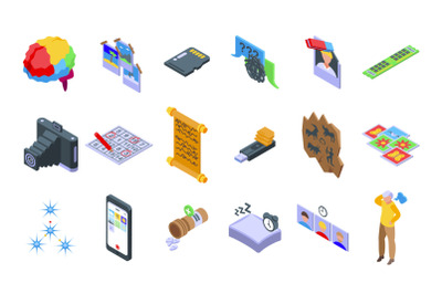 Memory icons set isometric vector. Brain alzheimer