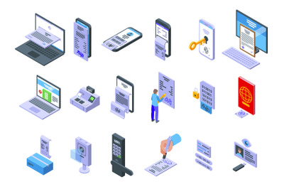 Handwriting identification icons set isometric vector. Access approve