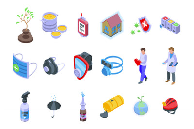 Active protection icons set isometric vector. Fire coding