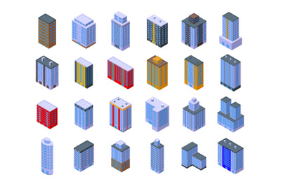 Multistory building icons set isometric vector. Interior architecture