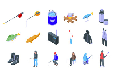 Ice fishing icons set isometric vector. Frozen winter