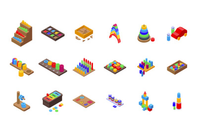 Montessori system icons set isometric vector. Block childhood