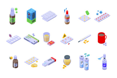 Antiviral medicines icons set isometric vector. Covid syringe