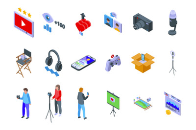 Vlogger streaming icons set isometric vector. Game live