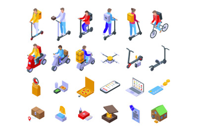 Courier on scooter icons set isometric vector. Restaurant box