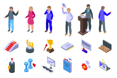 Motivational speaker icons set isometric vector. Human seminar