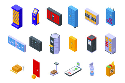 Self-service parcel delivery icons set isometric vector. Automat locker