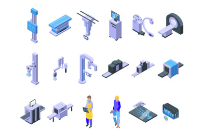 X-ray examination icons set isometric vector. Hospital room