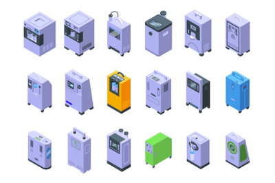 Medical oxygen concentrator icons set isometric vector. Doctor aid