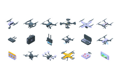 Aerial videography icons set isometric vector. Drone camera