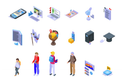 Learning management system icons set isometric vector. Laptop machine