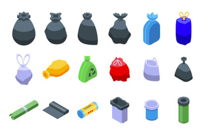 Bag for trash icons set isometric vector. Food garbage