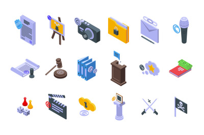 Copyright law icons set isometric vector. Author contract