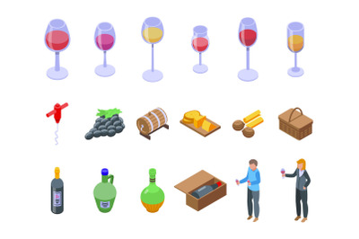 Sommelier party icons set isometric vector. Hand cheers