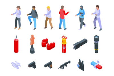 Self defense icons set isometric vector. Adrenaline attack