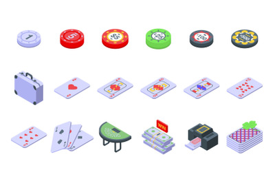 Black jack icons set isometric vector. Card play