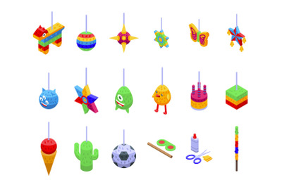 Mexican pinata icons set isometric vector. Holiday animal