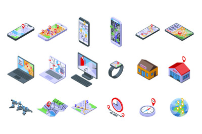 Store locator icons set isometric vector. Office travel