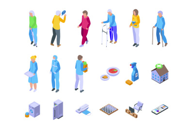 Home care services icons set isometric vector. Old care