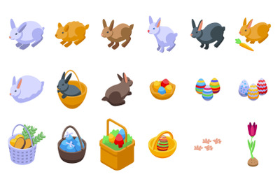 Easter bunny icons set isometric vector. Happy rabbit