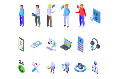 Support chat icons set isometric vector. Call center