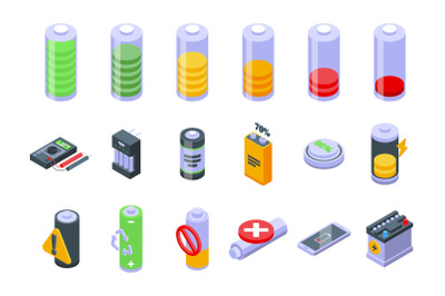 Battery charge icons set isometric vector. Electricity charge