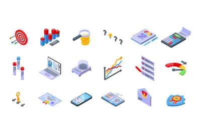 Benchmark testing icons set isometric vector. Aspekt expertise