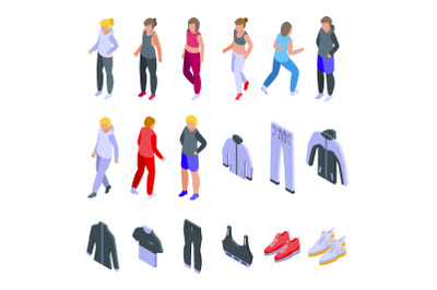 Workout fashion icons set isometric vector. Athlete body