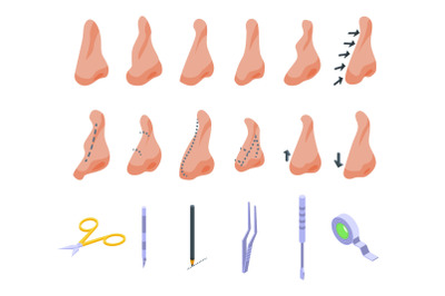 Rhinoplasty icons set isometric vector. Human nose