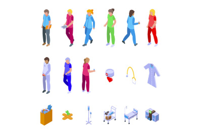 Nursing assistant icons set isometric vector. Old people