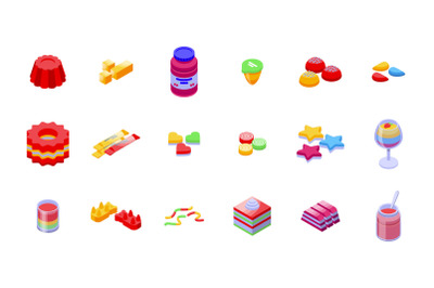 Jelly icons set isometric vector. Confectionery dessert