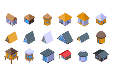 Bungalow icons set isometric vector. African apartment