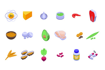 Zinc icons set isometric vector. Mineral supplement