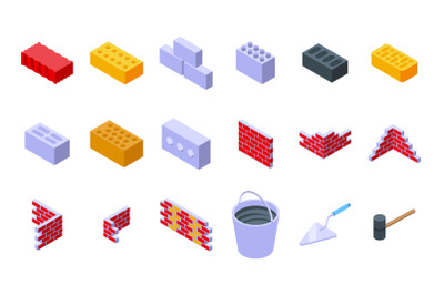 Brick and mortar icons set isometric vector. Construction brick