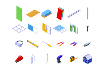 Drywall icons set isometric vector. House brush