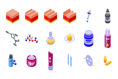 Collagen icons set isometric vector. Skin acid